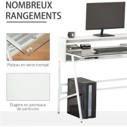 HOMCOM Bureau Informatique Multimédia Design Contemporain 2 étagères Arrières Plateau Verre Trempé Métal Panneaux Particules Blanc 11 HOMCOM Bureau Informatique Multimédia Design Contemporain 2 étagères Arrières Plateau Verre Trempé Métal Panneaux Particules Blanc -France HOMCOM Soldes 2022 34525001 5