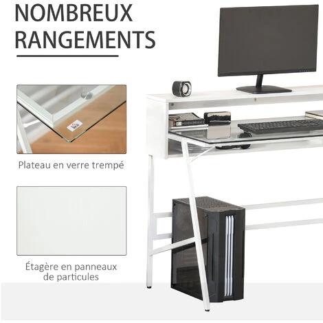 HOMCOM Bureau Informatique Multimédia Design Contemporain 2 étagères Arrières Plateau Verre Trempé Métal Panneaux Particules Blanc 7 HOMCOM Bureau Informatique Multimédia Design Contemporain 2 étagères Arrières Plateau Verre Trempé Métal Panneaux Particules Blanc – Image 5
