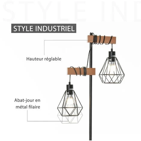 HOMCOM Lampadaire Design Industriel 40 W Max. Double Suspension Métal Filaire Hauteur Réglable Noir - Noir 6 HOMCOM Lampadaire Design Industriel 40 W Max. Double Suspension Métal Filaire Hauteur Réglable Noir - Noir – Image 4