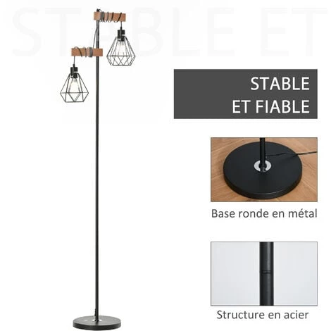 HOMCOM Lampadaire Design Industriel 40 W Max. Double Suspension Métal Filaire Hauteur Réglable Noir - Noir 7 HOMCOM Lampadaire Design Industriel 40 W Max. Double Suspension Métal Filaire Hauteur Réglable Noir - Noir – Image 5