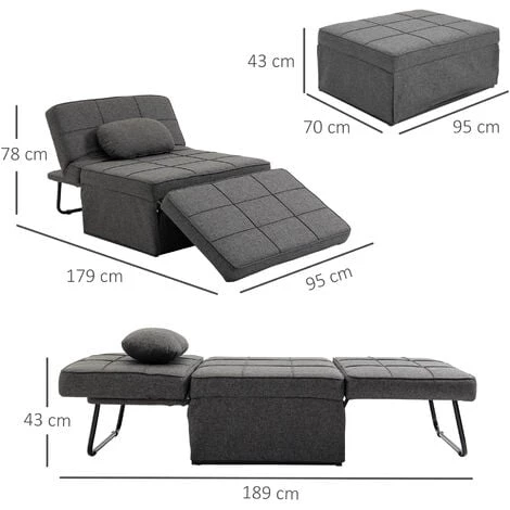 HOMCOM Fauteuil Chauffeuse Chaise Longue Pouf 3 En 1 Dossier Inclinable 5 Niveaux Repose-pied Rabattable Châssis Métal Noir Lin Gris - Gris 5 HOMCOM Fauteuil Chauffeuse Chaise Longue Pouf 3 En 1 Dossier Inclinable 5 Niveaux Repose-pied Rabattable Châssis Métal Noir Lin Gris - Gris – Image 3