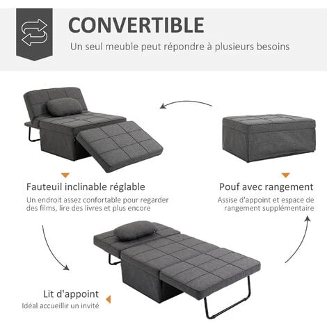 HOMCOM Fauteuil Chauffeuse Chaise Longue Pouf 3 En 1 Dossier Inclinable 5 Niveaux Repose-pied Rabattable Châssis Métal Noir Lin Gris - Gris 6 HOMCOM Fauteuil Chauffeuse Chaise Longue Pouf 3 En 1 Dossier Inclinable 5 Niveaux Repose-pied Rabattable Châssis Métal Noir Lin Gris - Gris – Image 4