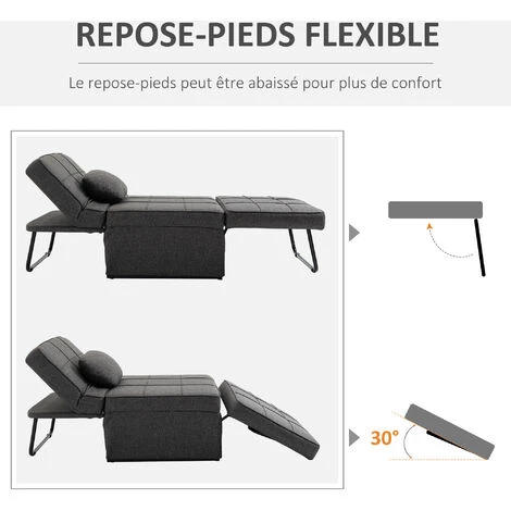HOMCOM Fauteuil Chauffeuse Chaise Longue Pouf 3 En 1 Dossier Inclinable 5 Niveaux Repose-pied Rabattable Châssis Métal Noir Lin Gris - Gris 7 HOMCOM Fauteuil Chauffeuse Chaise Longue Pouf 3 En 1 Dossier Inclinable 5 Niveaux Repose-pied Rabattable Châssis Métal Noir Lin Gris - Gris – Image 5