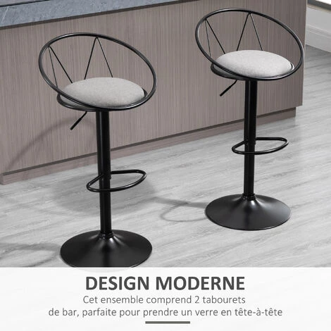 HOMCOM Lot De 2 Tabourets De Bar Design Néo-rétro Réglable Pivotant Avec Repose-pied Métal Noir Lin Gris 6 HOMCOM Lot De 2 Tabourets De Bar Design Néo-rétro Réglable Pivotant Avec Repose-pied Métal Noir Lin Gris – Image 4