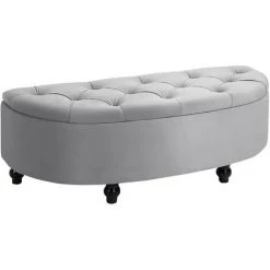 HOMCOM Pouf De Rangement Coffre 2 En 1 - Pouf Design Classique Chic Capitonné Demi-cercle - Pieds Bois Hévéa Noir Revêtement Velours Gris