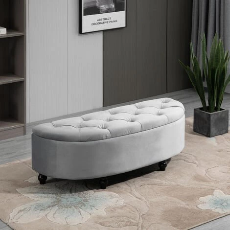 HOMCOM Pouf De Rangement Coffre 2 En 1 - Pouf Design Classique Chic Capitonné Demi-cercle - Pieds Bois Hévéa Noir Revêtement Velours Gris 4 HOMCOM Pouf De Rangement Coffre 2 En 1 - Pouf Design Classique Chic Capitonné Demi-cercle - Pieds Bois Hévéa Noir Revêtement Velours Gris – Image 2