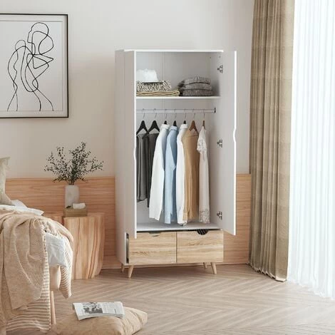 HOMCOM Armoire De Rangement Design Scandinave - Armoire De Chambre - Placard 2 Portes Avec Penderie Et étagère - 2 Tiroirs Coulissants - Panneaux Particules Blanc Chêne Clair - Blanc 4 HOMCOM Armoire De Rangement Design Scandinave - Armoire De Chambre - Placard 2 Portes Avec Penderie Et étagère - 2 Tiroirs Coulissants - Panneaux Particules Blanc Chêne Clair - Blanc – Image 2
