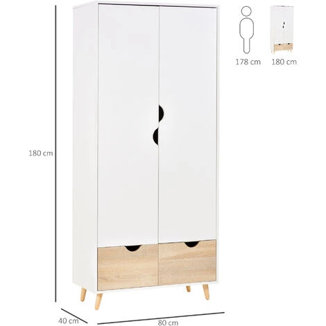 HOMCOM Armoire De Rangement Design Scandinave - Armoire De Chambre - Placard 2 Portes Avec Penderie Et étagère - 2 Tiroirs Coulissants - Panneaux Particules Blanc Chêne Clair - Blanc 5 HOMCOM Armoire De Rangement Design Scandinave - Armoire De Chambre - Placard 2 Portes Avec Penderie Et étagère - 2 Tiroirs Coulissants - Panneaux Particules Blanc Chêne Clair - Blanc – Image 3