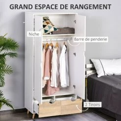 HOMCOM Armoire De Rangement Design Scandinave - Armoire De Chambre - Placard 2 Portes Avec Penderie Et étagère - 2 Tiroirs Coulissants - Panneaux Particules Blanc Chêne Clair - Blanc 10 HOMCOM Armoire De Rangement Design Scandinave - Armoire De Chambre - Placard 2 Portes Avec Penderie Et étagère - 2 Tiroirs Coulissants - Panneaux Particules Blanc Chêne Clair - Blanc -France HOMCOM Soldes 2022 35000667 4