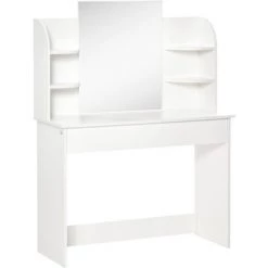 HOMCOM Coiffeuse Design Contemporain Table De Maquillage Multi-rangement 4 étagères Grand Tiroir Et Miroir Panneaux Particules Blanc