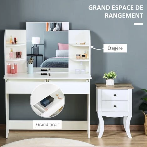 HOMCOM Coiffeuse Design Contemporain Table De Maquillage Multi-rangement 4 étagères Grand Tiroir Et Miroir Panneaux Particules Blanc 6 HOMCOM Coiffeuse Design Contemporain Table De Maquillage Multi-rangement 4 étagères Grand Tiroir Et Miroir Panneaux Particules Blanc – Image 4