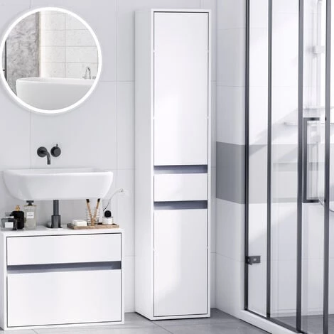 HOMCOM Meuble Colonne Rangement Salle De Bain Style Contemporain 2 Placards 3 étagères Et Tiroir Coulissant Panneaux Particules Blanc 4 HOMCOM Meuble Colonne Rangement Salle De Bain Style Contemporain 2 Placards 3 étagères Et Tiroir Coulissant Panneaux Particules Blanc – Image 2