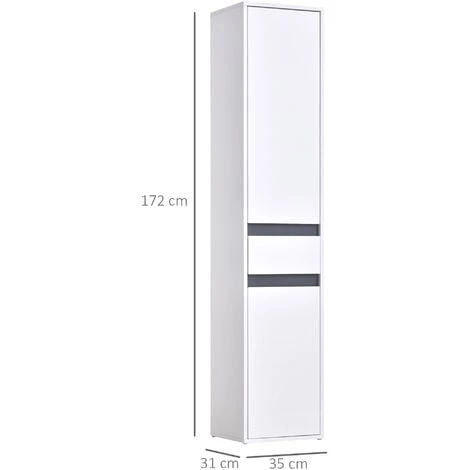 HOMCOM Meuble Colonne Rangement Salle De Bain Style Contemporain 2 Placards 3 étagères Et Tiroir Coulissant Panneaux Particules Blanc 5 HOMCOM Meuble Colonne Rangement Salle De Bain Style Contemporain 2 Placards 3 étagères Et Tiroir Coulissant Panneaux Particules Blanc – Image 3