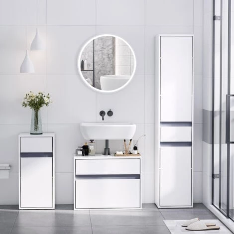 HOMCOM Meuble Colonne Rangement Salle De Bain Style Contemporain 2 Placards 3 étagères Et Tiroir Coulissant Panneaux Particules Blanc 6 HOMCOM Meuble Colonne Rangement Salle De Bain Style Contemporain 2 Placards 3 étagères Et Tiroir Coulissant Panneaux Particules Blanc – Image 4