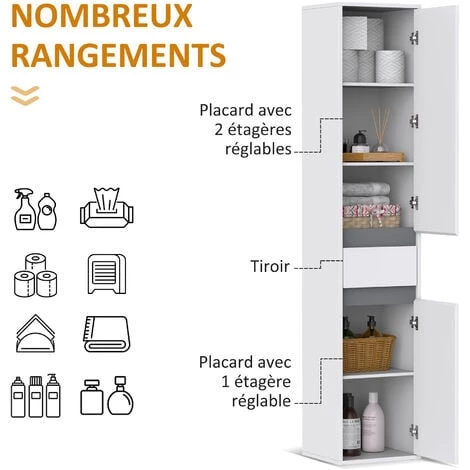 HOMCOM Meuble Colonne Rangement Salle De Bain Style Contemporain 2 Placards 3 étagères Et Tiroir Coulissant Panneaux Particules Blanc 7 HOMCOM Meuble Colonne Rangement Salle De Bain Style Contemporain 2 Placards 3 étagères Et Tiroir Coulissant Panneaux Particules Blanc – Image 5