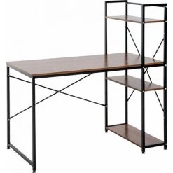 HOMCOM Bureau Informatique Design Industriel Avec Bibliothèque 3 étagères Panneaux Particules Aspect Noyer Métal Noir