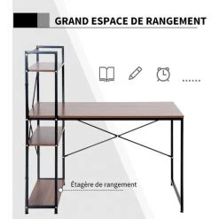 HOMCOM Bureau Informatique Design Industriel Avec Bibliothèque 3 étagères Panneaux Particules Aspect Noyer Métal Noir -France HOMCOM Soldes 2022 35491516 5