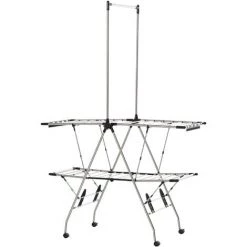 HOMCOM Séchoir à Linge étendoir à Vêtements Pliable Réglable Avec Barre De Penderie Et Roulettes Acier Inox. PP Noir - Gris