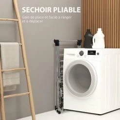 HOMCOM Séchoir à Linge étendoir à Vêtements Pliable Réglable Avec Barre De Penderie Et Roulettes Acier Inox. PP Noir - Gris -France HOMCOM Soldes 2022 35491535 4