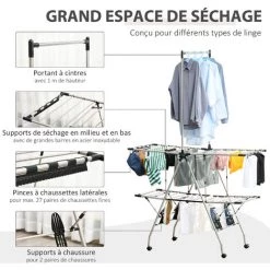 HOMCOM Séchoir à Linge étendoir à Vêtements Pliable Réglable Avec Barre De Penderie Et Roulettes Acier Inox. PP Noir - Gris -France HOMCOM Soldes 2022 35491535 5