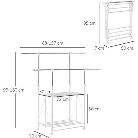 HOMCOM Séchoir à Linge étendoir à Vêtements Pliable Réglable - Double Barre De Penderie, Rack Séchage, étagère Chaussures - Roulettes Acier Inox. Métal PP Blanc 5 HOMCOM Séchoir à Linge étendoir à Vêtements Pliable Réglable - Double Barre De Penderie, Rack Séchage, étagère Chaussures - Roulettes Acier Inox. Métal PP Blanc – Image 3