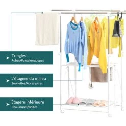 HOMCOM Séchoir à Linge étendoir à Vêtements Pliable Réglable - Double Barre De Penderie, Rack Séchage, étagère Chaussures - Roulettes Acier Inox. Métal PP Blanc 11 HOMCOM Séchoir à Linge étendoir à Vêtements Pliable Réglable - Double Barre De Penderie, Rack Séchage, étagère Chaussures - Roulettes Acier Inox. Métal PP Blanc -France HOMCOM Soldes 2022 35491536 5