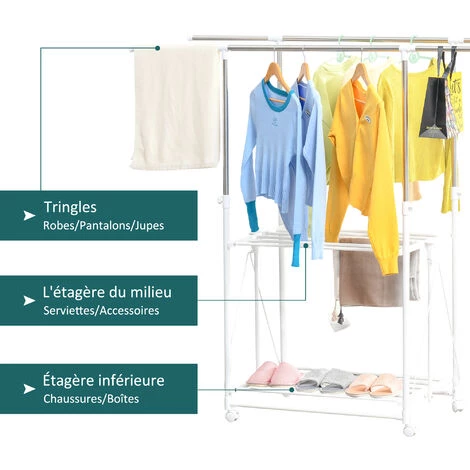 HOMCOM Séchoir à Linge étendoir à Vêtements Pliable Réglable - Double Barre De Penderie, Rack Séchage, étagère Chaussures - Roulettes Acier Inox. Métal PP Blanc 7 HOMCOM Séchoir à Linge étendoir à Vêtements Pliable Réglable - Double Barre De Penderie, Rack Séchage, étagère Chaussures - Roulettes Acier Inox. Métal PP Blanc – Image 5
