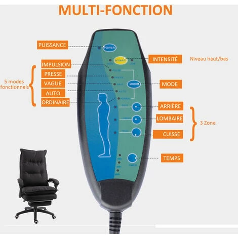 HOMCOM Fauteuil De Bureau Direction Massant Hauteur Réglable Dossier Inclinable Repose-pied Intégré Toile De Lin Noir - Noir 4 HOMCOM Fauteuil De Bureau Direction Massant Hauteur Réglable Dossier Inclinable Repose-pied Intégré Toile De Lin Noir - Noir – Image 2