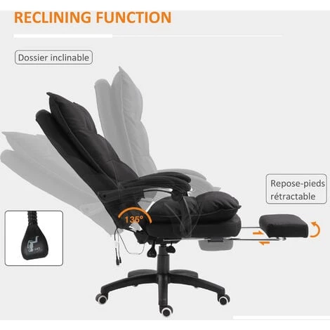 HOMCOM Fauteuil De Bureau Direction Massant Hauteur Réglable Dossier Inclinable Repose-pied Intégré Toile De Lin Noir - Noir 6 HOMCOM Fauteuil De Bureau Direction Massant Hauteur Réglable Dossier Inclinable Repose-pied Intégré Toile De Lin Noir - Noir – Image 4