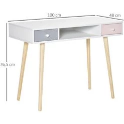 HOMCOM Bureau Enfant Style Scandinave Avec Tiroir Et Compartiment De Rangement 100L X 48l X 76,5H Cm MDF Et Pin Blanc Gris Et Rose - Blanc -France HOMCOM Soldes 2022 35601222 3