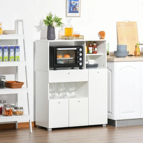 HOMCOM Meuble De Cuisine Multi-rangements 2 Placards 4 Niches Tiroir Coulissant Dim. 90L X 40l X 120H Cm Panneaux Particules Blanc - Blanc 4 HOMCOM Meuble De Cuisine Multi-rangements 2 Placards 4 Niches Tiroir Coulissant Dim. 90L X 40l X 120H Cm Panneaux Particules Blanc - Blanc – Image 2