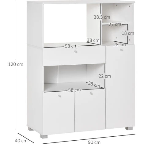 HOMCOM Meuble De Cuisine Multi-rangements 2 Placards 4 Niches Tiroir Coulissant Dim. 90L X 40l X 120H Cm Panneaux Particules Blanc - Blanc 5 HOMCOM Meuble De Cuisine Multi-rangements 2 Placards 4 Niches Tiroir Coulissant Dim. 90L X 40l X 120H Cm Panneaux Particules Blanc - Blanc – Image 3