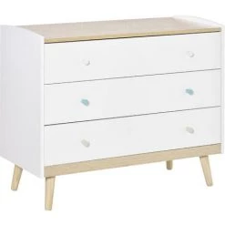 HOMCOM Commode 3 Tiroirs Design Scandinave Meuble De Rangement Chambre MDF Blanc Aspect Chêne Clair Piètement Effilé Bois Massif De Pin