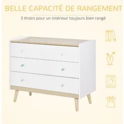 HOMCOM Commode 3 Tiroirs Design Scandinave Meuble De Rangement Chambre MDF Blanc Aspect Chêne Clair Piètement Effilé Bois Massif De Pin -France HOMCOM Soldes 2022 35624310 4