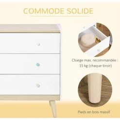 HOMCOM Commode 3 Tiroirs Design Scandinave Meuble De Rangement Chambre MDF Blanc Aspect Chêne Clair Piètement Effilé Bois Massif De Pin -France HOMCOM Soldes 2022 35624310 5