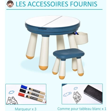 HOMCOM Ensemble Table De Construction Multi-activités Pour Enfant Avec Tabouret Ø 63 X 49H Cm Bleu Et Blanc 6 HOMCOM Ensemble Table De Construction Multi-activités Pour Enfant Avec Tabouret Ø 63 X 49H Cm Bleu Et Blanc – Image 4