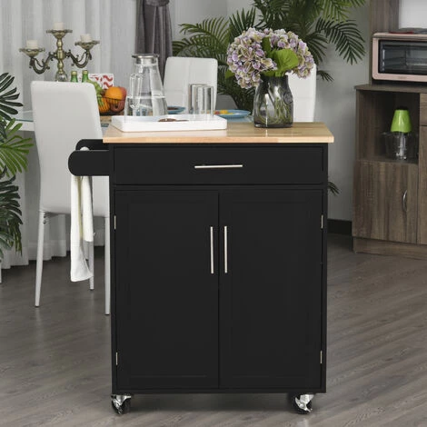 HOMCOM Chariot De Service Desserte De Cuisine à Roulettes îlot De Cuisine Avec Tiroir Placard Et Porte Torchon - 83l X 45P X 91,5 Cm Noir - Noir 4 HOMCOM Chariot De Service Desserte De Cuisine à Roulettes îlot De Cuisine Avec Tiroir Placard Et Porte Torchon - 83l X 45P X 91,5 Cm Noir - Noir – Image 2