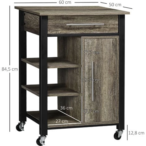 HOMCOM Chariot Desserte De Cuisine à Roulettes Avec Tiroir - Dim. 60 X 50 X 84,5 Cm - Noir Et Imitation Bois - Marron 5 HOMCOM Chariot Desserte De Cuisine à Roulettes Avec Tiroir - Dim. 60 X 50 X 84,5 Cm - Noir Et Imitation Bois - Marron – Image 3