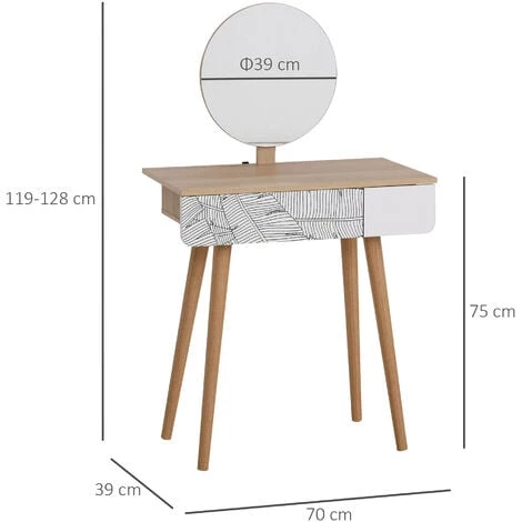 HOMCOM Coiffeuse Table De Maquillage Design Scandinave Tiroir Et Grand Miroir Dim. 70 X 39 X 119-128 Cm - Blanc 4 HOMCOM Coiffeuse Table De Maquillage Design Scandinave Tiroir Et Grand Miroir Dim. 70 X 39 X 119-128 Cm - Blanc – Image 2