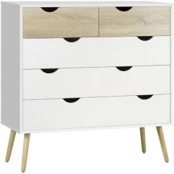 HOMCOM Commode 5 Tiroirs Design Scandinave Meuble De Rangement Chambre Panneau De Particules 99 X 39 X 101 Cm Blanc Aspect Chêne Clair - Blanc