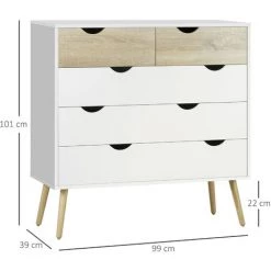 HOMCOM Commode 5 Tiroirs Design Scandinave Meuble De Rangement Chambre Panneau De Particules 99 X 39 X 101 Cm Blanc Aspect Chêne Clair - Blanc -France HOMCOM Soldes 2022 36843082 3