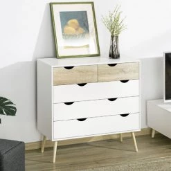 HOMCOM Commode 5 Tiroirs Design Scandinave Meuble De Rangement Chambre Panneau De Particules 99 X 39 X 101 Cm Blanc Aspect Chêne Clair - Blanc -France HOMCOM Soldes 2022 36843082 4