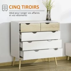 HOMCOM Commode 5 Tiroirs Design Scandinave Meuble De Rangement Chambre Panneau De Particules 99 X 39 X 101 Cm Blanc Aspect Chêne Clair - Blanc -France HOMCOM Soldes 2022 36843082 5