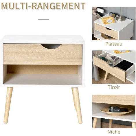HOMCOM Chevet Table De Nuit Tiroir Niche Design Moderne Panneau De Particules Classe E1 Pieds En Bois Massif 50 X 39 X 51 Cm Bois De Chêne Blanc - Blanc 6 HOMCOM Chevet Table De Nuit Tiroir Niche Design Moderne Panneau De Particules Classe E1 Pieds En Bois Massif 50 X 39 X 51 Cm Bois De Chêne Blanc - Blanc – Image 4