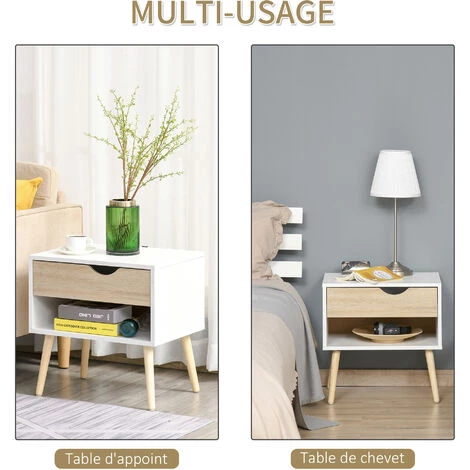 HOMCOM Chevet Table De Nuit Tiroir Niche Design Moderne Panneau De Particules Classe E1 Pieds En Bois Massif 50 X 39 X 51 Cm Bois De Chêne Blanc - Blanc 7 HOMCOM Chevet Table De Nuit Tiroir Niche Design Moderne Panneau De Particules Classe E1 Pieds En Bois Massif 50 X 39 X 51 Cm Bois De Chêne Blanc - Blanc – Image 5