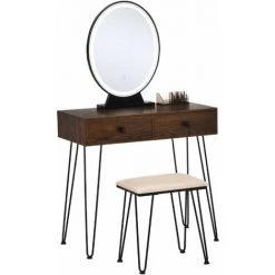 HOMCOM Coiffeuse Design - Miroir LED Intégré - 2 Tiroirs + 1 Organisateur - Tabouret Inclus - Métal Noir MDF Imitation Bois Noyer Foncé - Marron