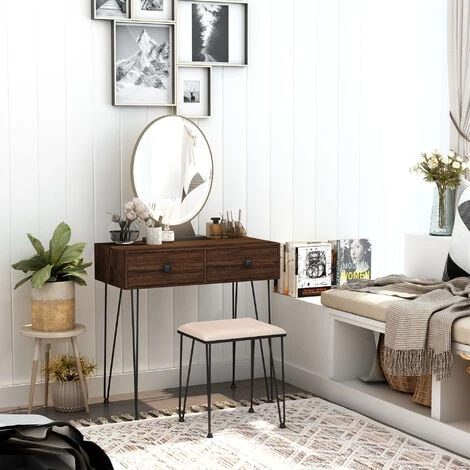 HOMCOM Coiffeuse Design - Miroir LED Intégré - 2 Tiroirs + 1 Organisateur - Tabouret Inclus - Métal Noir MDF Imitation Bois Noyer Foncé - Marron 4 HOMCOM Coiffeuse Design - Miroir LED Intégré - 2 Tiroirs + 1 Organisateur - Tabouret Inclus - Métal Noir MDF Imitation Bois Noyer Foncé - Marron – Image 2