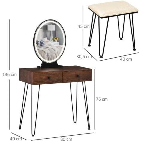 HOMCOM Coiffeuse Design - Miroir LED Intégré - 2 Tiroirs + 1 Organisateur - Tabouret Inclus - Métal Noir MDF Imitation Bois Noyer Foncé - Marron 5 HOMCOM Coiffeuse Design - Miroir LED Intégré - 2 Tiroirs + 1 Organisateur - Tabouret Inclus - Métal Noir MDF Imitation Bois Noyer Foncé - Marron – Image 3