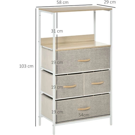 HOMCOM Commode Meuble De Rangement Chiffonnier 4 Tiroirs Amovibles 1 étagère 58 X 29 X 103 Cm Gris Blanc - Gris 5 HOMCOM Commode Meuble De Rangement Chiffonnier 4 Tiroirs Amovibles 1 étagère 58 X 29 X 103 Cm Gris Blanc - Gris – Image 3