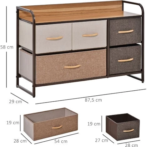 HOMCOM Commode Meuble De Rangement 5 Tiroirs En Tissu 87,5 X 29 X 58 Cm Marron Et Beige - Marron 5 HOMCOM Commode Meuble De Rangement 5 Tiroirs En Tissu 87,5 X 29 X 58 Cm Marron Et Beige - Marron – Image 3